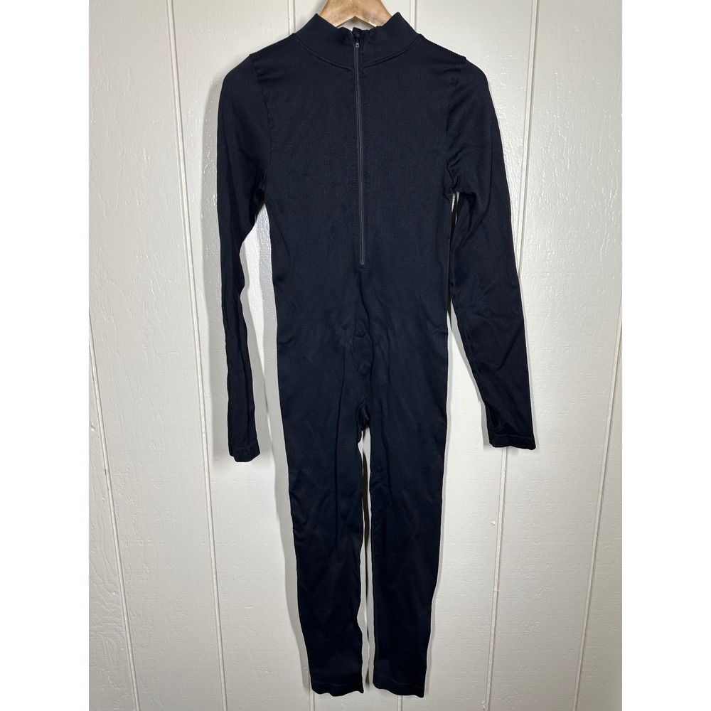 OQQ Jumpsuit Women L Black Ribbed Long Sleeve Mock Neck Zip Front Thumbhole Yoga